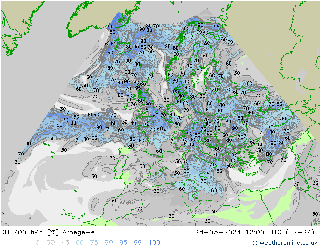 RH 700 hPa Arpege-eu Út 28.05.2024 12 UTC