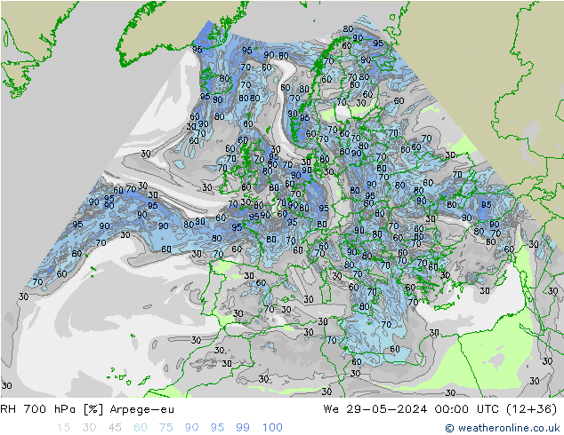 RH 700 hPa Arpege-eu śro. 29.05.2024 00 UTC