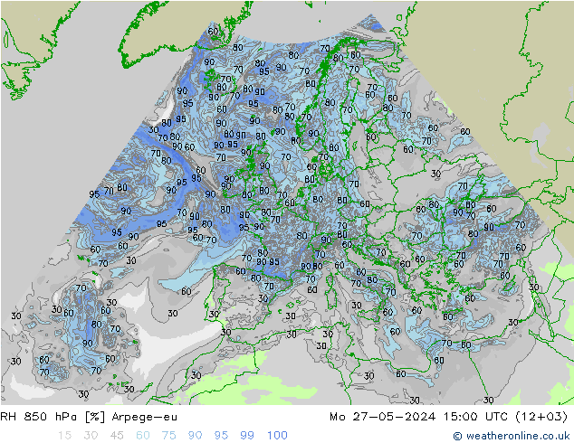 RH 850 hPa Arpege-eu lun 27.05.2024 15 UTC