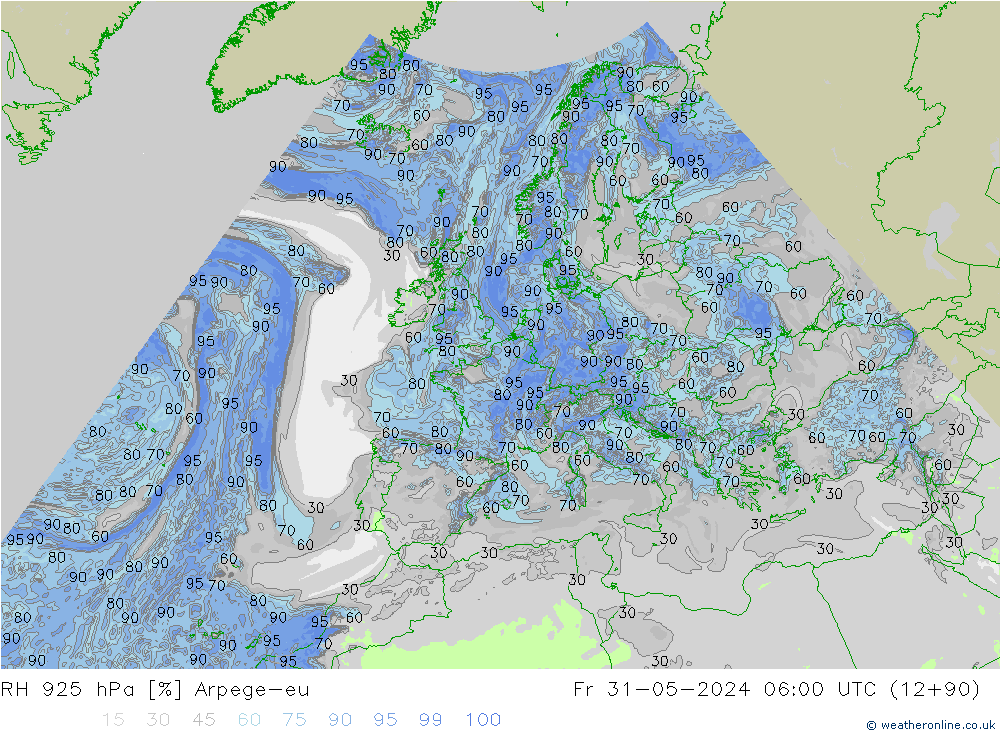 Humidité rel. 925 hPa Arpege-eu ven 31.05.2024 06 UTC