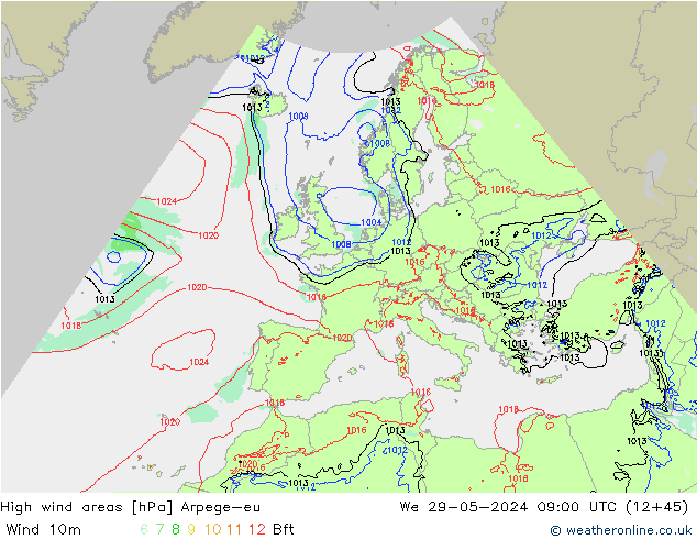 High wind areas Arpege-eu  29.05.2024 09 UTC