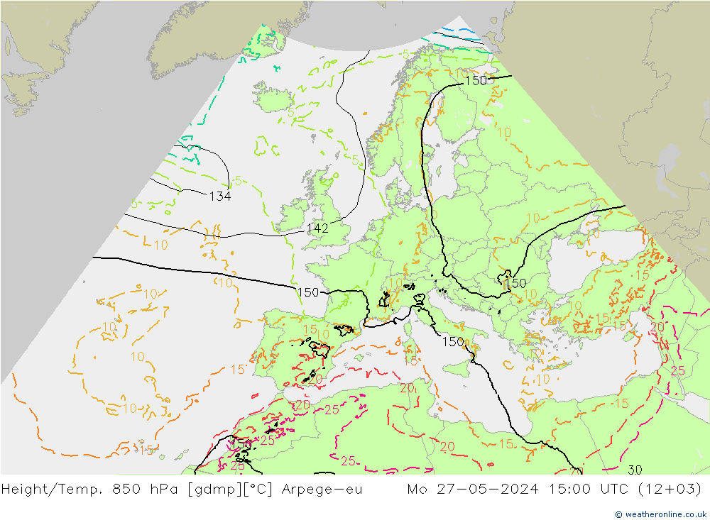 Height/Temp. 850 hPa Arpege-eu Mo 27.05.2024 15 UTC