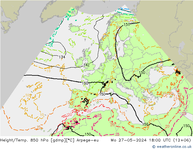 Géop./Temp. 850 hPa Arpege-eu lun 27.05.2024 18 UTC