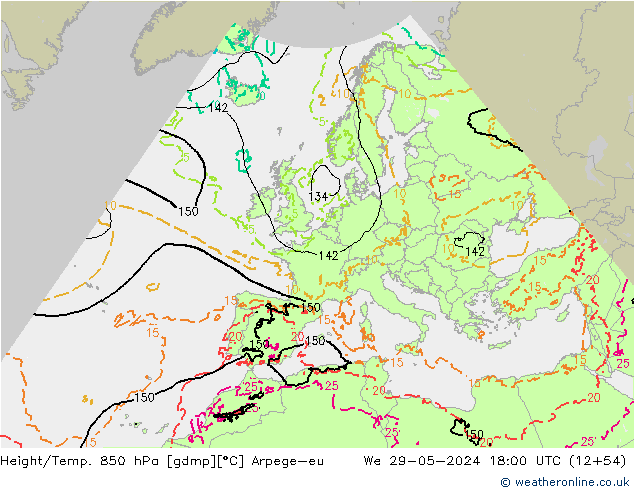 Height/Temp. 850 hPa Arpege-eu Mi 29.05.2024 18 UTC