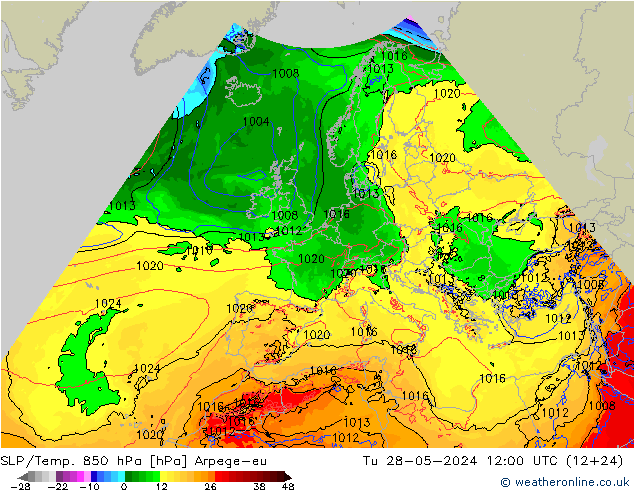 SLP/Temp. 850 hPa Arpege-eu Út 28.05.2024 12 UTC