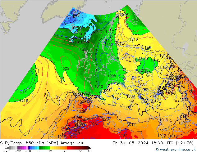 SLP/Temp. 850 hPa Arpege-eu Th 30.05.2024 18 UTC