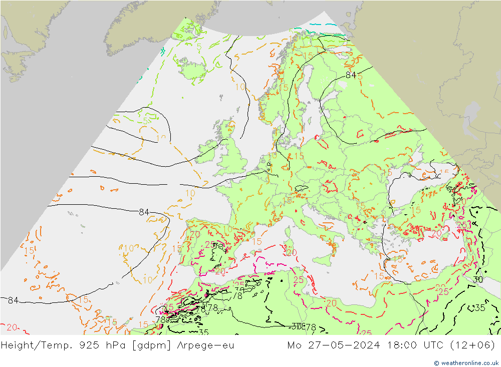 Height/Temp. 925 hPa Arpege-eu Mo 27.05.2024 18 UTC