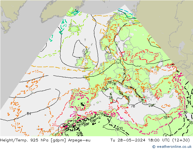 Height/Temp. 925 hPa Arpege-eu Tu 28.05.2024 18 UTC