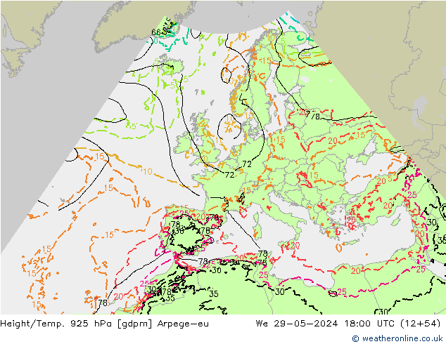 Géop./Temp. 925 hPa Arpege-eu mer 29.05.2024 18 UTC