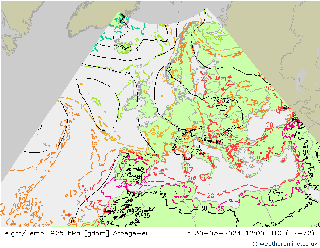 Hoogte/Temp. 925 hPa Arpege-eu do 30.05.2024 12 UTC