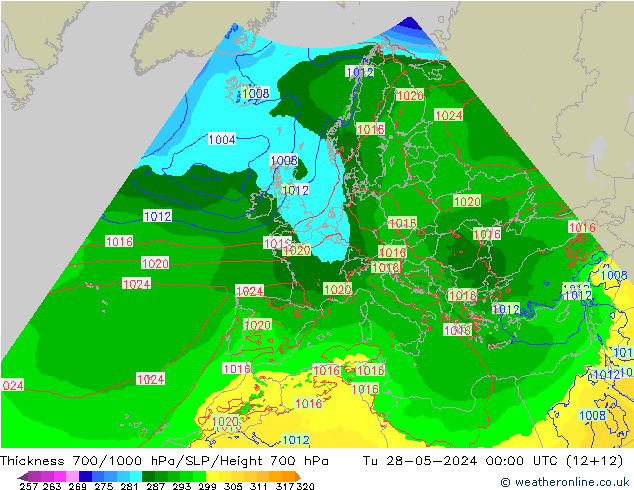 Thck 700-1000 hPa Arpege-eu Tu 28.05.2024 00 UTC