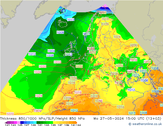 Dikte 850-1000 hPa Arpege-eu ma 27.05.2024 15 UTC