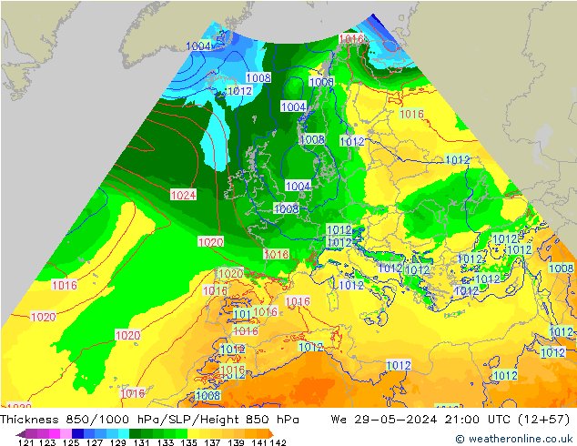 Dikte 850-1000 hPa Arpege-eu wo 29.05.2024 21 UTC