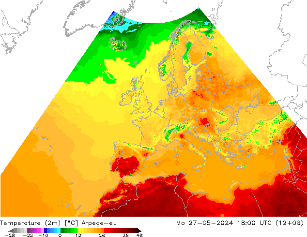 Temperaturkarte (2m) Arpege-eu Mo 27.05.2024 18 UTC