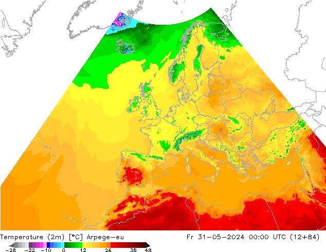 Temperatuurkaart (2m) Arpege-eu vr 31.05.2024 00 UTC