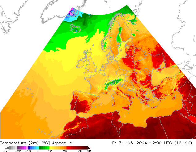 Temperaturkarte (2m) Arpege-eu Fr 31.05.2024 12 UTC