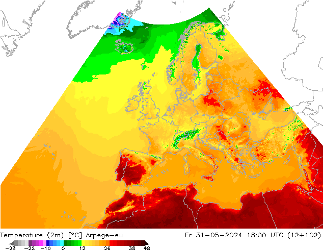Temperatuurkaart (2m) Arpege-eu vr 31.05.2024 18 UTC