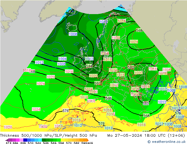 Schichtdicke 500-1000 hPa Arpege-eu Mo 27.05.2024 18 UTC