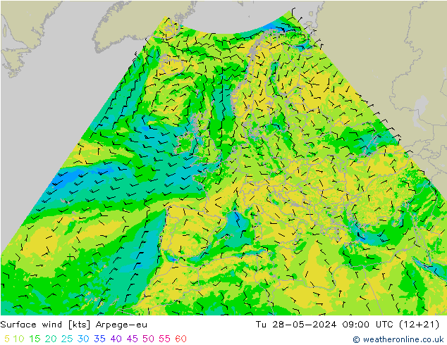 Viento 10 m Arpege-eu mar 28.05.2024 09 UTC