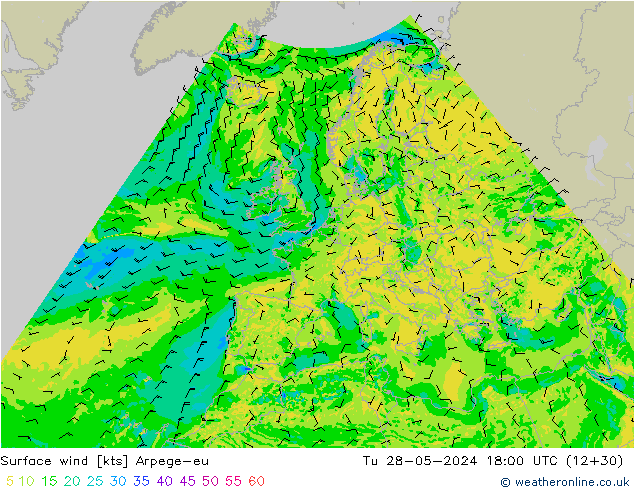 Surface wind Arpege-eu Út 28.05.2024 18 UTC