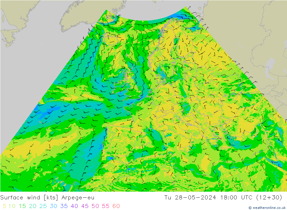 Vento 10 m Arpege-eu Ter 28.05.2024 18 UTC