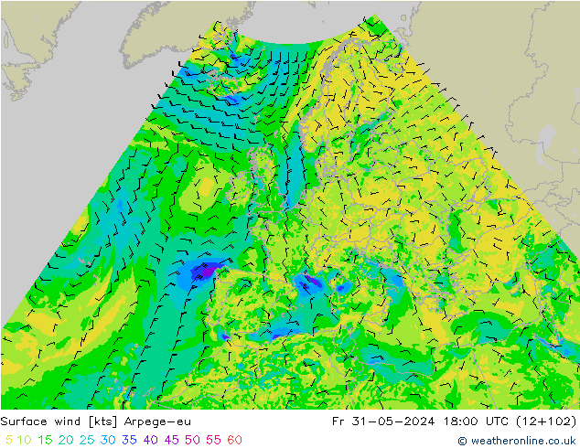 Vento 10 m Arpege-eu Sex 31.05.2024 18 UTC