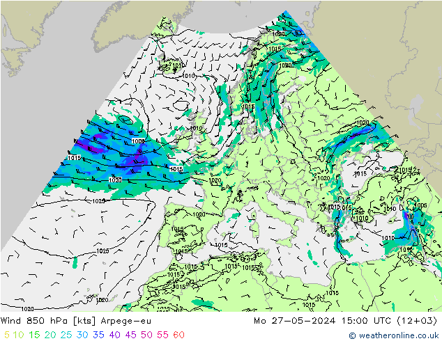 Vento 850 hPa Arpege-eu lun 27.05.2024 15 UTC