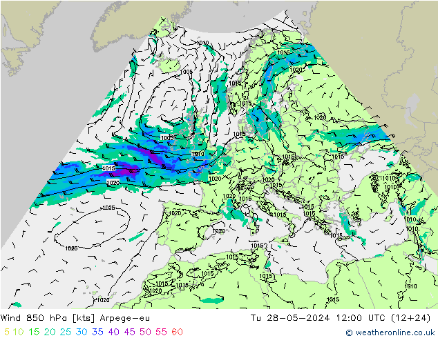 Wind 850 hPa Arpege-eu Tu 28.05.2024 12 UTC