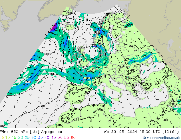 Wind 850 hPa Arpege-eu We 29.05.2024 15 UTC