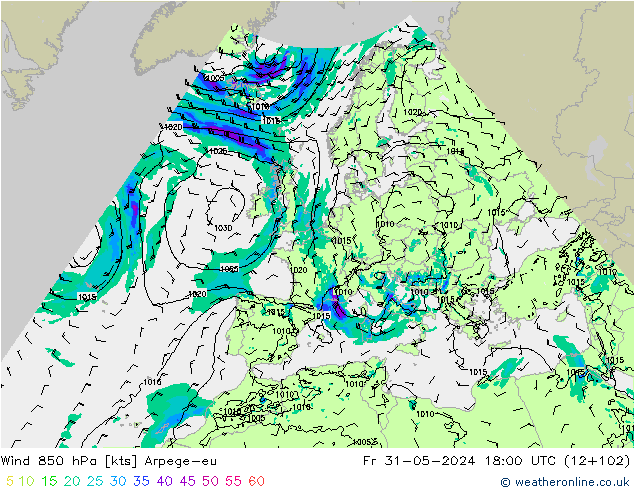 Wind 850 hPa Arpege-eu Fr 31.05.2024 18 UTC