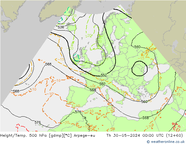 Geop./Temp. 500 hPa Arpege-eu jue 30.05.2024 00 UTC