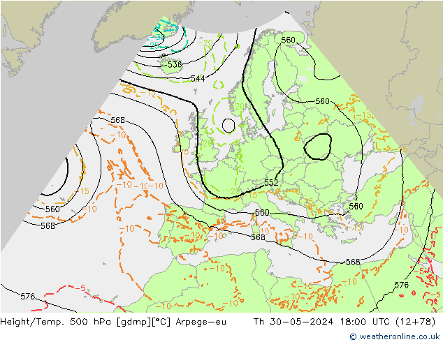 Height/Temp. 500 hPa Arpege-eu Th 30.05.2024 18 UTC