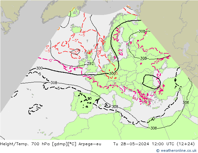 Height/Temp. 700 hPa Arpege-eu Tu 28.05.2024 12 UTC