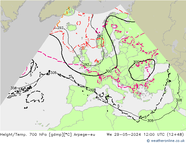 Height/Temp. 700 hPa Arpege-eu Mi 29.05.2024 12 UTC