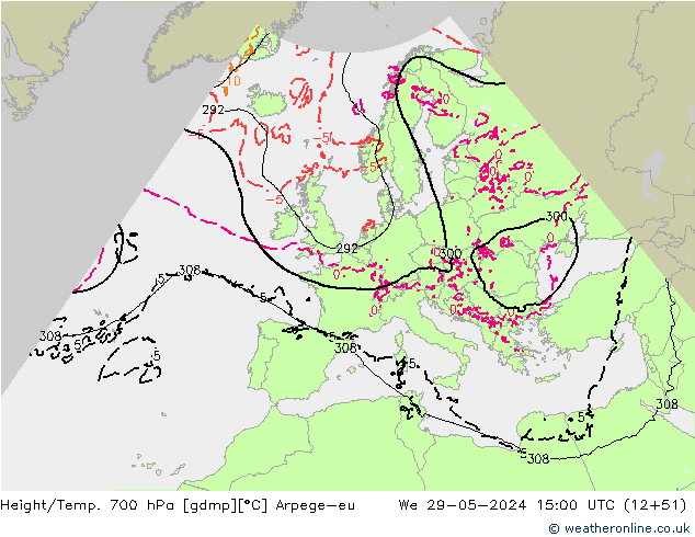 Height/Temp. 700 hPa Arpege-eu mer 29.05.2024 15 UTC