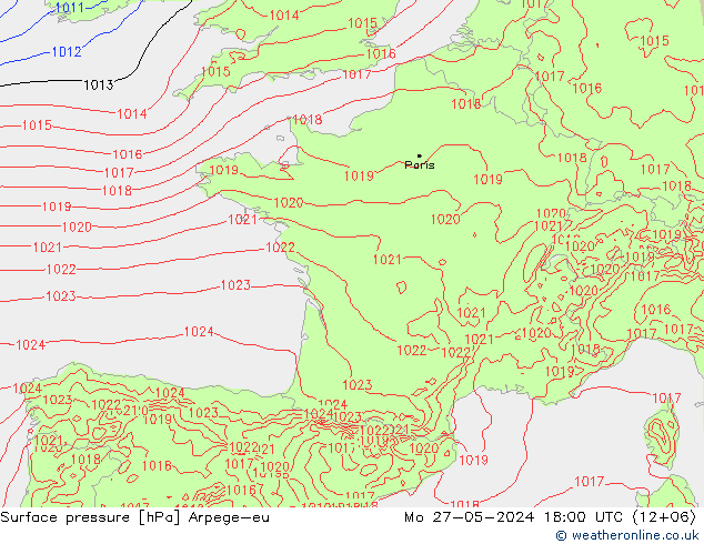 Surface pressure Arpege-eu Mo 27.05.2024 18 UTC