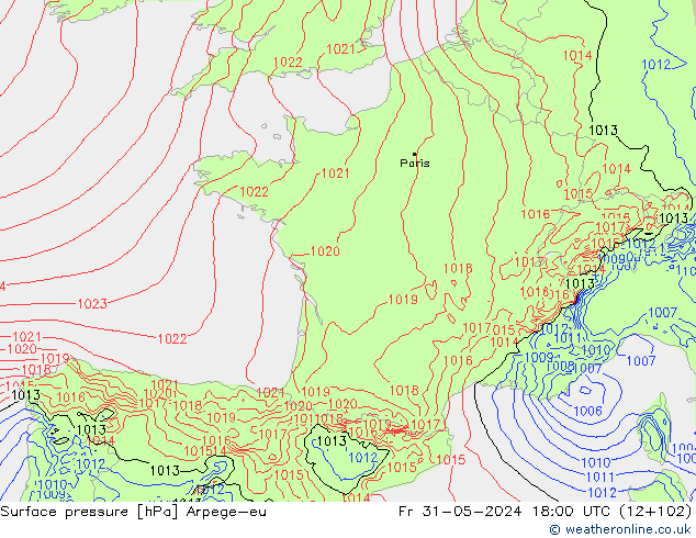 Atmosférický tlak Arpege-eu Pá 31.05.2024 18 UTC