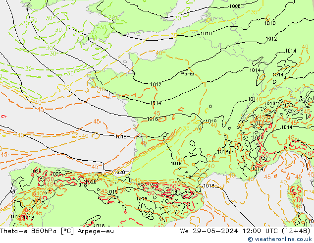 Theta-e 850hPa Arpege-eu We 29.05.2024 12 UTC