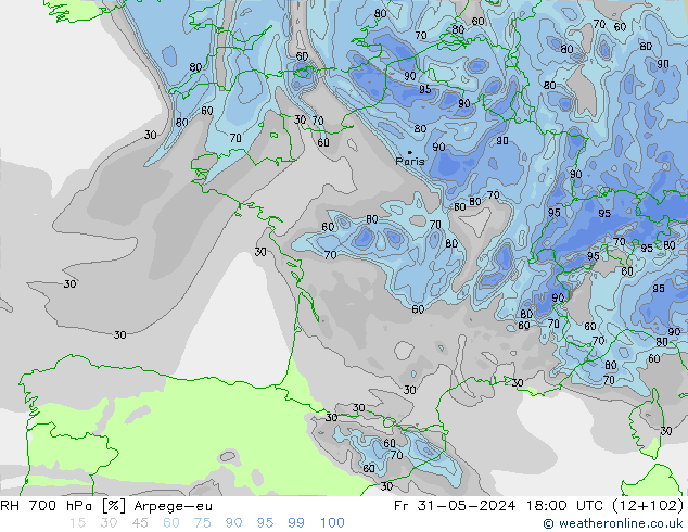 RH 700 hPa Arpege-eu  31.05.2024 18 UTC