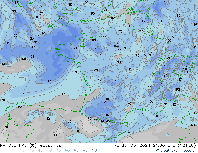 RH 850 hPa Arpege-eu Mo 27.05.2024 21 UTC