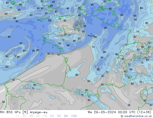 RH 850 hPa Arpege-eu We 29.05.2024 00 UTC