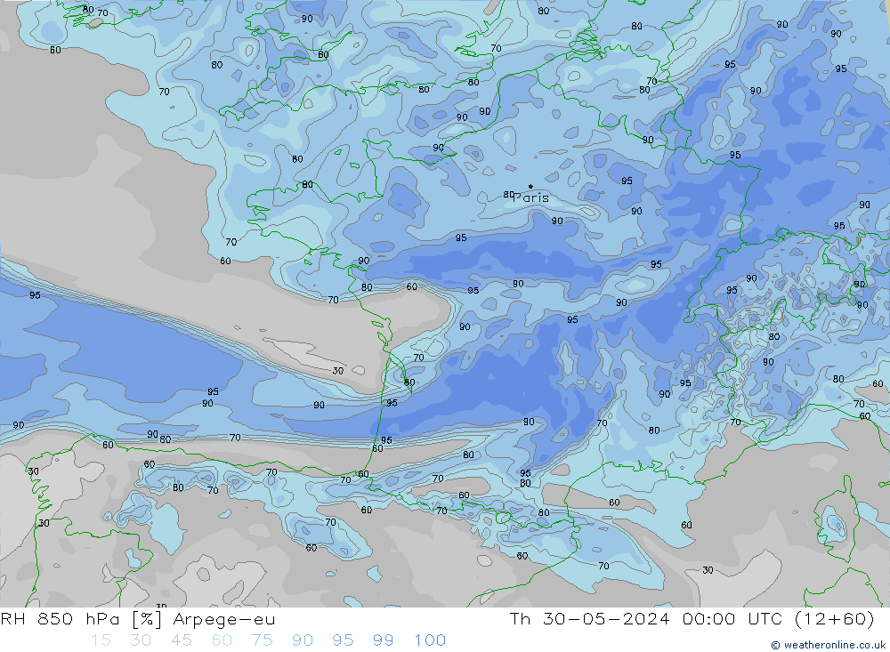 RH 850 hPa Arpege-eu  30.05.2024 00 UTC