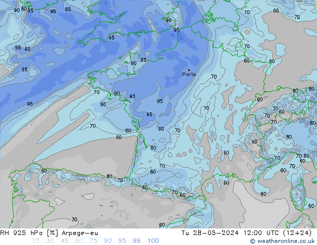 Humidité rel. 925 hPa Arpege-eu mar 28.05.2024 12 UTC