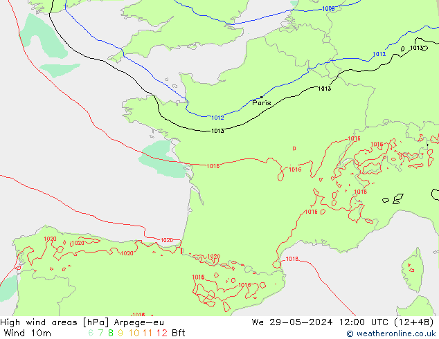 High wind areas Arpege-eu We 29.05.2024 12 UTC