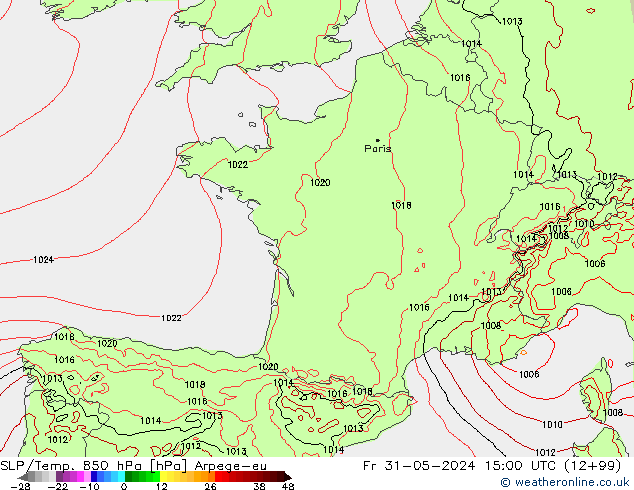 850 hPa Yer Bas./Sıc Arpege-eu Cu 31.05.2024 15 UTC