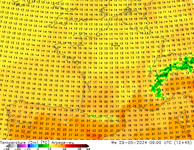 Temperaturkarte (2m) Arpege-eu Mi 29.05.2024 09 UTC