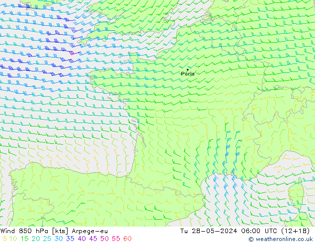 Wind 850 hPa Arpege-eu Tu 28.05.2024 06 UTC