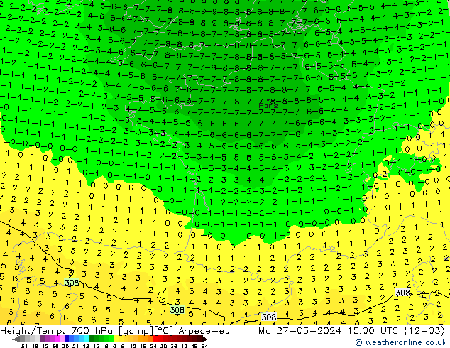 Height/Temp. 700 hPa Arpege-eu Mo 27.05.2024 15 UTC