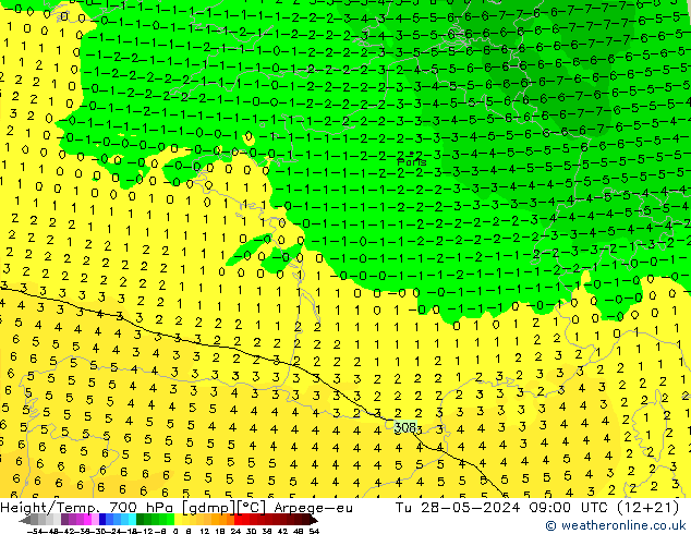 Height/Temp. 700 hPa Arpege-eu Út 28.05.2024 09 UTC