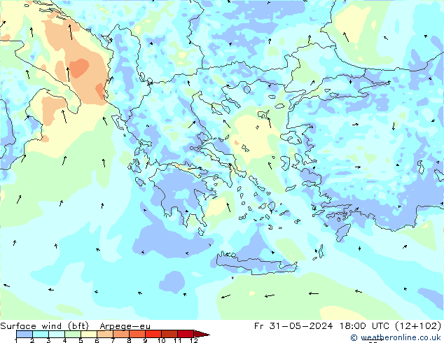 Vent 10 m (bft) Arpege-eu ven 31.05.2024 18 UTC